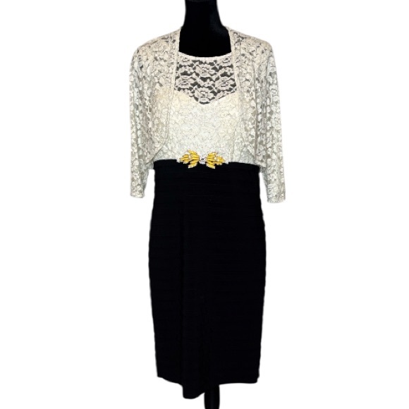 (KM Collections) 2pc Ivory & Silver Lace Top w/ Black Dress & Jewels - 14 - Picture 1 of 16